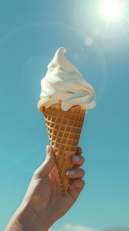 Close-up of a hand holding a vanilla soft serve ice cream cone against a clear blue sky.の素材
