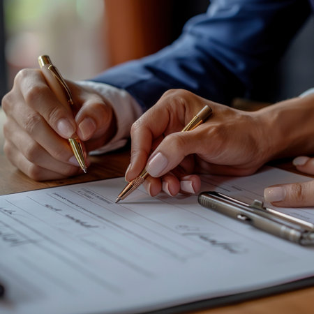 Detailed view of two people signing a business contract, focused on hands and pens.の素材