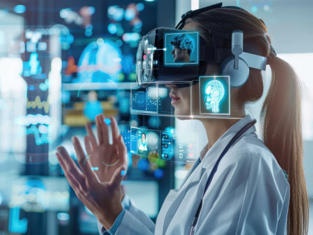A female doctor is immersed in a high-tech virtual reality simulation, interacting with medical data and brain scans.の素材