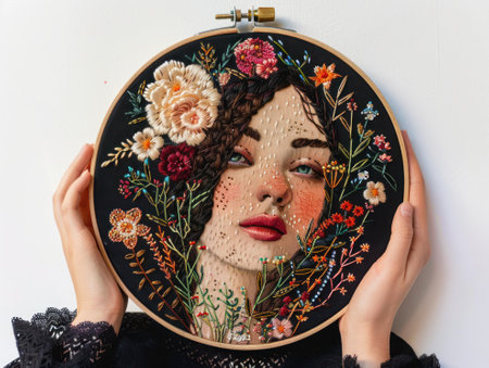 Contemporary hoop art embroidery blending modern designs with traditional techniques for chic decorの素材