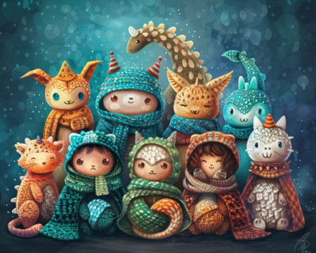 Digital art of a cozy amigurumi animal circle each wearing unique ponchos and capes a gentle dragon with glistening scales joins inの素材