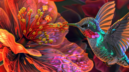 A colorful hummingbird hovers while feeding on nectar from bright exotic flowers in a vivid close-up.の素材