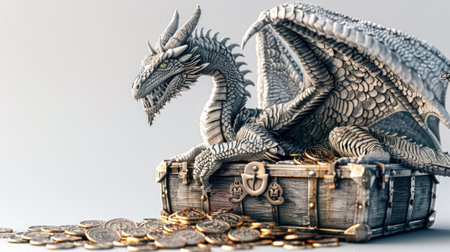 Digital art of a sleek silver dragon guarding a treasure chest overflowing with Bitcoins minimalist style white backgroundの素材