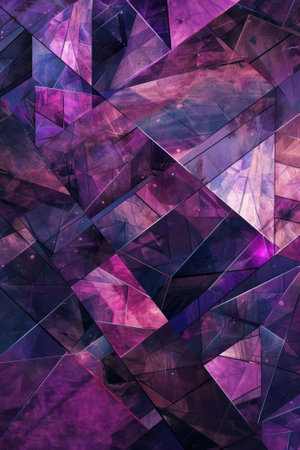 Generate a series of abstract geometric patterns using a color palette of royal purple and holographic accentsの素材