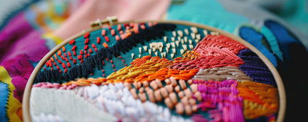 Hoop art embroidery with a twist using bold colors and textures to create eyecatching pieces for home and officeの素材