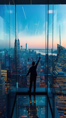 A silhouette of a businessman pointing towards the city skyline from a high-rise building at night, contemplating urban expansion.の素材