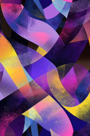 Generate a series of abstract geometric patterns using a color palette of royal purple and holographic accentsの素材
