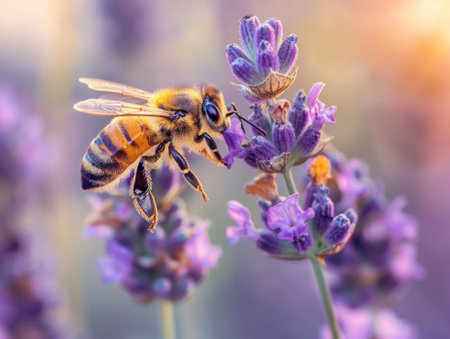 Macro shot of a bee on a lavender flower with honeycomb and natural honey in the blurred background sereneの素材