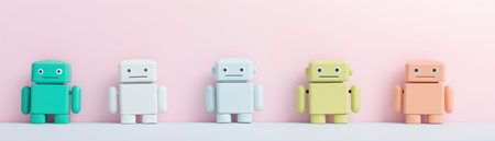 A minimalist depiction of a friendly robotic figure standing against a soft pink backdrop, evoking simplicity and modernity.の素材