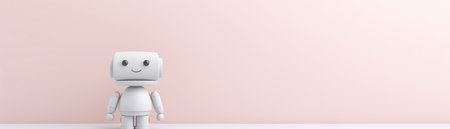A minimalist depiction of a friendly robotic figure standing against a soft pink backdrop, evoking simplicity and modernity.の素材