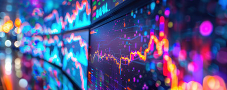 Vibrant abstract representation of Bitcoins volatility colorful graphs on a curved monitor merging finance with artの素材