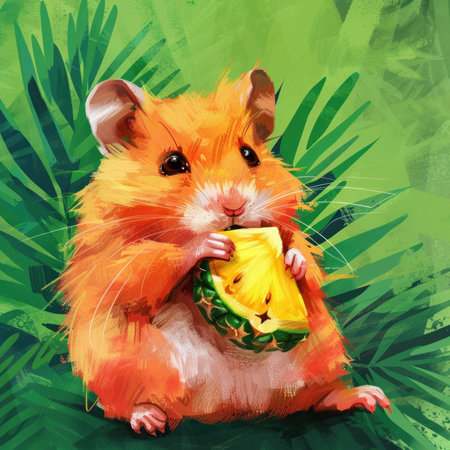 Whimsical illustration of a hamster enjoying a tiny slice of pineapple summer vibes on a vibrant green backdropの素材