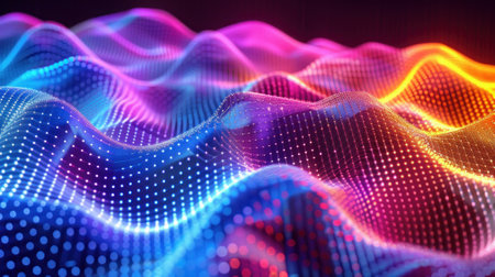 Vivid 3D render of a cyber wave encapsulating the essence of Bitcoin through a spectrum of colors merging finance with futuristic techの素材