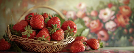 Whimsical digital art of ripe strawberries in a vintage basket detailed shadows and highlights softfocus floral surroundの素材