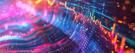 Vibrant abstract representation of Bitcoins volatility colorful graphs on a curved monitor merging finance with artの素材