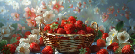 Whimsical digital art of ripe strawberries in a vintage basket detailed shadows and highlights softfocus floral surroundの素材