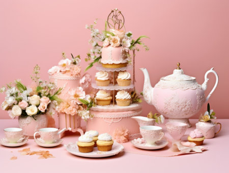 Victorian tea party, lace and pearls, pastel cakes under a willow isolated background, pastel, object, commercialの素材