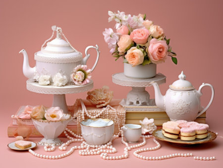 Victorian tea party, lace and pearls, pastel cakes under a willow isolated background, pastel, object, commercialの素材