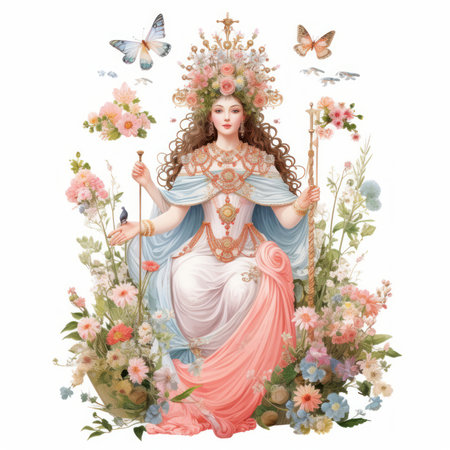Spring fairy queen, crowned with daisies, on a throne of intertwined vines and blooming flowers isolated background, pastel, object, commercialの素材