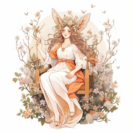 Spring fairy queen, crowned with daisies, on a throne of intertwined vines and blooming flowers isolated background, pastel, object, commercialの素材