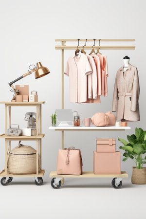 A robot overseeing a fashion e-commerce warehouse, efficiently sorting and packaging orders with speed and precision, streamlining the online shopping experience isolated background, pastel, object, commercialの素材