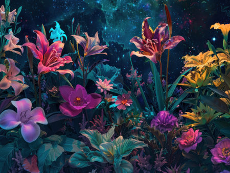 Surreal digital art of flowers with exaggerated vivid colors against a neon backdrop a fantasy garden under starlightの素材