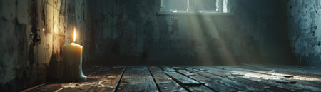A lone candle flickering in a forgotten room, casting long, eerie shadowsの素材