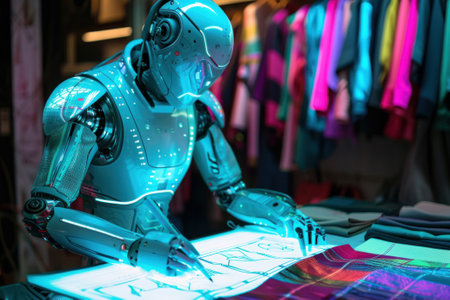 A robot fashion designer sketching futuristic clothing lines with a digital pen on a holographic display, surrounded by fabric swatches of vibrant texturesの素材