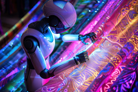 A robot fashion designer sketching futuristic clothing lines with a digital pen on a holographic display, surrounded by fabric swatches of vibrant texturesの素材