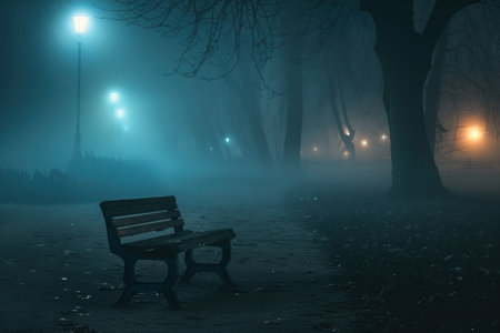 An empty bench in a foggy park at night, silent stories of past meetingsの素材