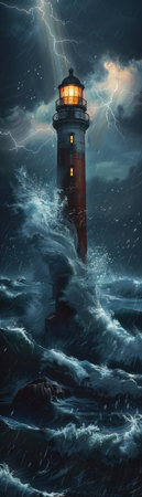 A lone lighthouse beam cutting through a stormy night, steadfast amidst chaosの素材