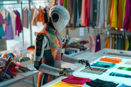 A robot fashion designer sketching futuristic clothing lines with a digital pen on a holographic display, surrounded by fabric swatches of vibrant texturesの素材