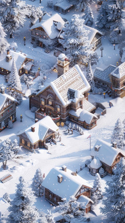 3D rendered isometric winter holiday village, festive and cozy atmosphere, detailed snowy landscapeの素材