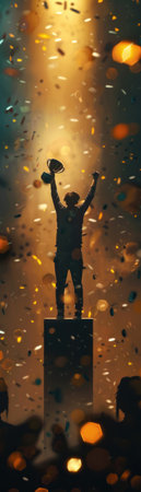 Victorious champion on a podium, holding a gold trophy up high, bathed in the spotlight, crowds joyous faces blurred in the distanceの素材