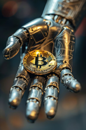 Bitcoin investment strategy by robotic hand, showcasing precision and innovation in business techの素材