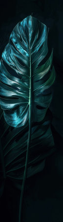 Softly lit, detailed tropical leaf, emerging from the darkness, showcasing the beauty and resilience of nature in shadowの素材