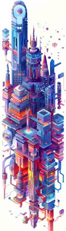 Isometric view of futuristic cityscape on white background, detailed and vibrant structuresの素材