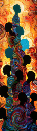 Dynamic group of African people, from various tribes, united in celebration, colorful patterns swirling around them, highlighting Africa Days essenceの素材
