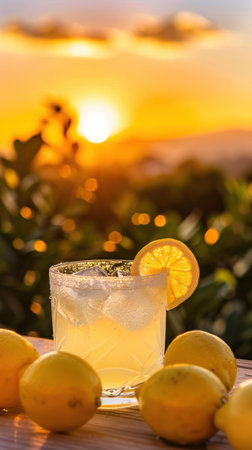 Glass of frosted lemonade, dew-kissed, against a backdrop of lemon groves at sunsetの素材
