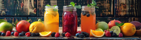 Artisanal juice bar scene, vibrant juices in mason jars, fresh berries and citrus garnishesの素材