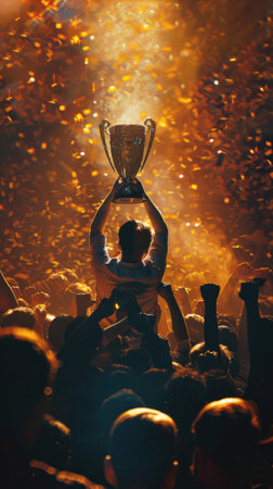 Intense focus on a gleaming trophy raised by a shadowed champion, spotlight creating a halo effect, with a vibrant, cheering crowd in the backdropの素材