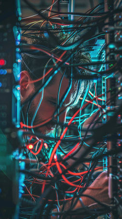 An IT consultant troubleshooting a complex network for a grateful corporate team, a maze of monitors and cables reflecting the digital challenges conqueredの素材