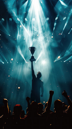 Epic moment captured as an athlete in victory, trophy held high, under a single beam of light with silhouettes of an ecstatic crowd behindの素材