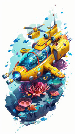 Isometric 3D underwater exploration drone, vibrant marine life details on a white backgroundの素材