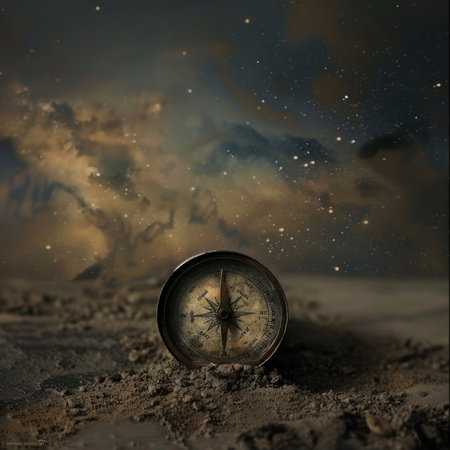 Broken compass under starless sky, journeys end in silent whispersの素材