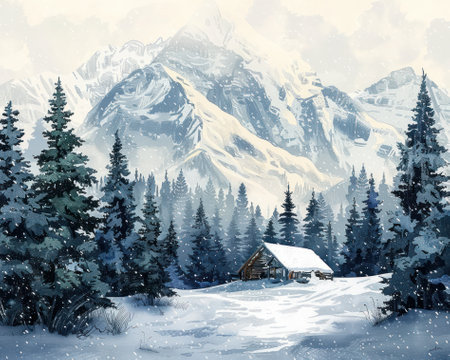 Snowy mountain landscape with pine trees and a cozy cabin, in muted colors for winter warmthの素材