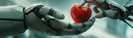 Dynamic angle showcasing a robots hand with advanced articulation, gently offering a deep red heart to the viewer, emphasizing the bond between humans and AIの素材