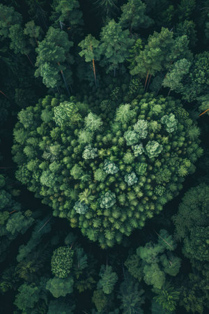 Aerial view of a forest heart shape on Earth, symbolizing love and care for the planets ecosystemsの素材