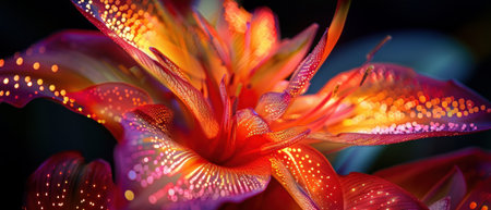 Close-up of a tropical flower illuminated by intricate light painting patterns, revealing intricate details and vibrant colors in a celebration of nature's artistry.の素材