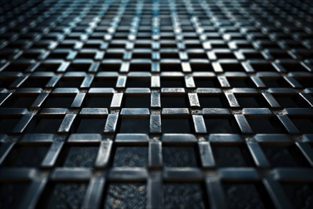Digital art of a dark, metallic grid pattern on an alloy sheet, symbolizing the strength and precision of industrial construction and engineering.の素材